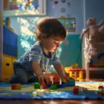 Young boy playing with colorful building blocks in a sunny room