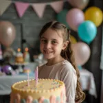 Smiling girl with a birthday cake and balloons in background