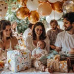 Family celebrating a baby shower with gifts and balloons