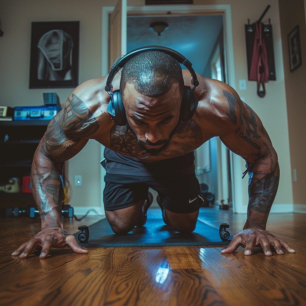 Muscular man doing push-ups with headphones in a home gym