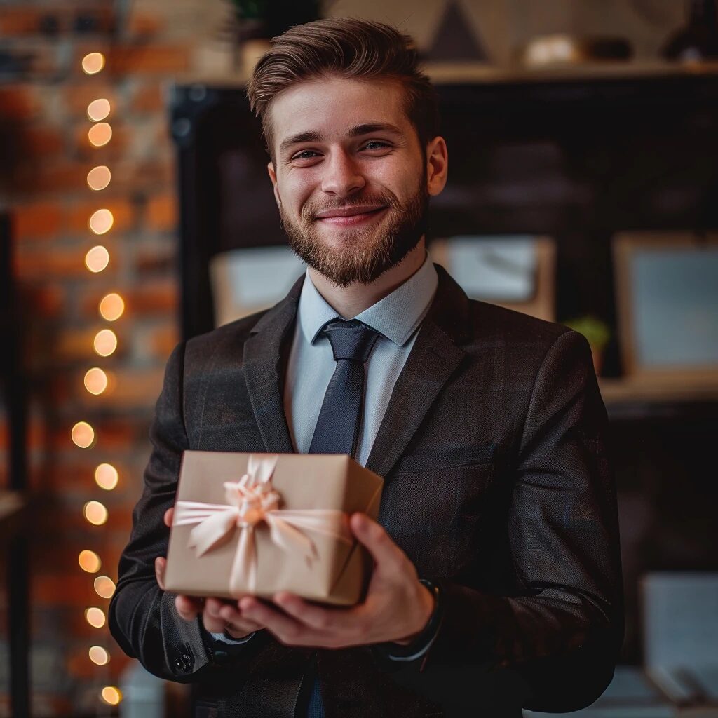 Smiling businessman holding a gift box with a ribbon