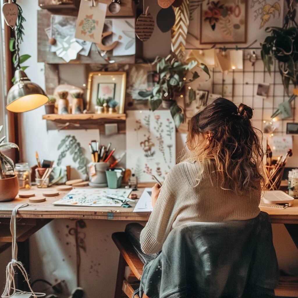 Woman crafting at a desk surrounded by art supplies and decor