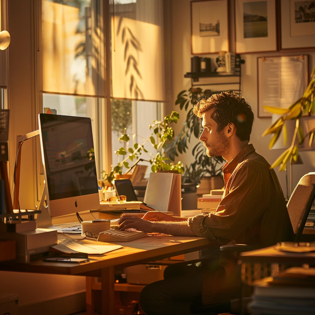 Man working at a computer in a sunlit home office