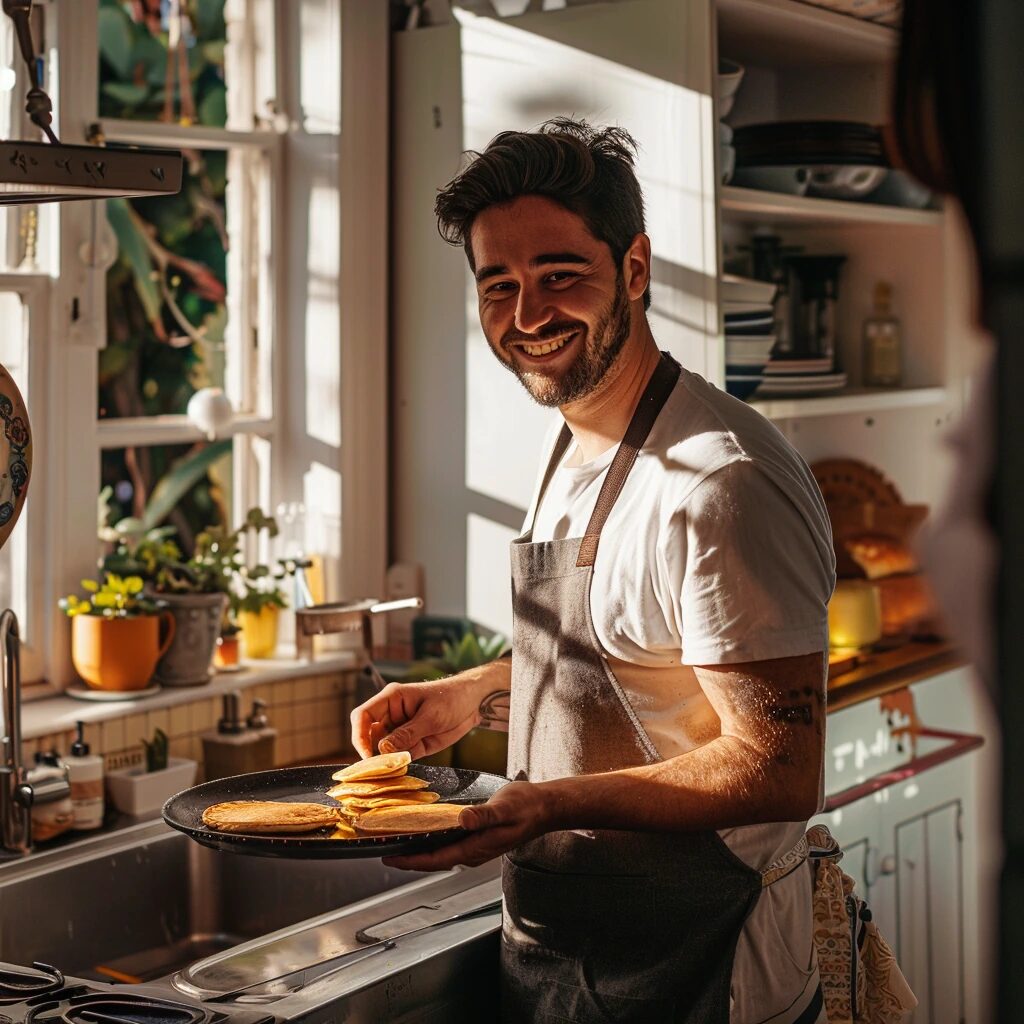 Smiling man cooking pancakes in a bright kitchen