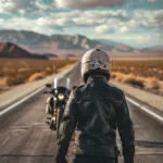 Motorcyclist in leather jacket and helmet on a desert road