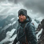 Man in winter gear standing on a snowy mountain summit