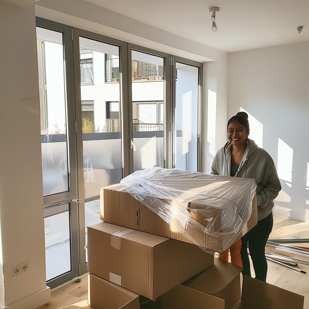 Smiling woman moving into a new home with boxes around her