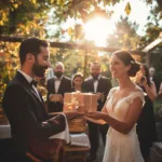 Newlyweds exchanging gifts outdoors with guests watching