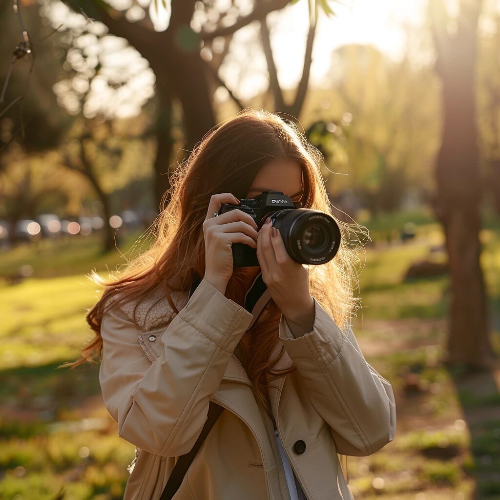 Woman taking photographs in a sunlit park