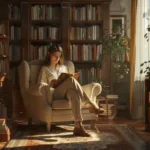 Woman reading a book in a cozy library setting