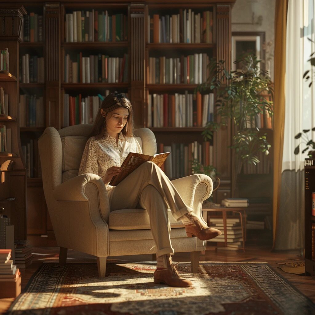 Woman reading a book in a cozy library setting