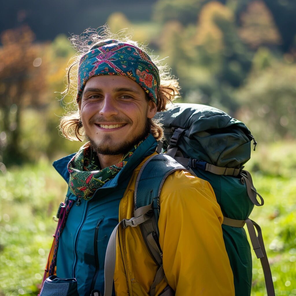 Smiling hiker with a backpack enjoying the outdoors