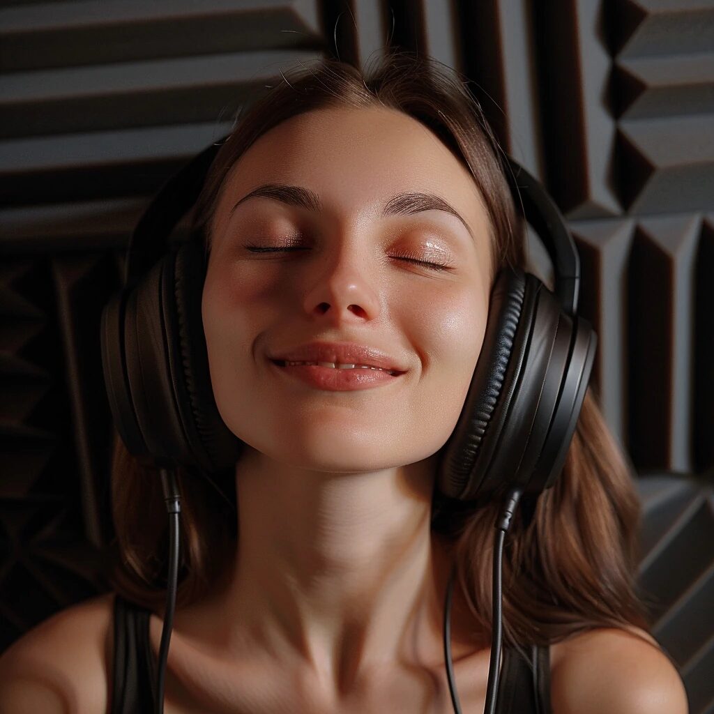 Woman enjoying music with headphones in a soundproof room